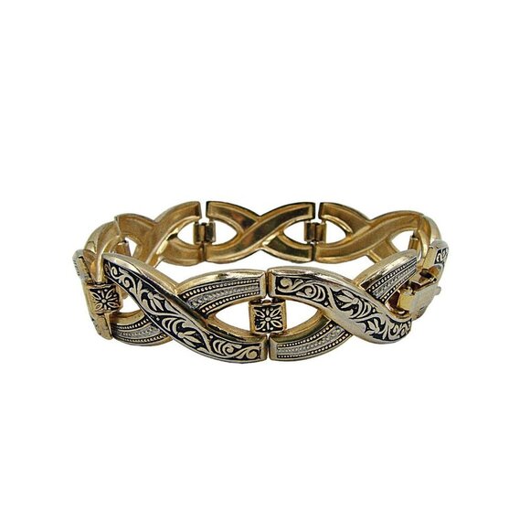 Gold Black X-Link Chain Bracelet Scroll Ornate Design Snap Clasp Size 8" Fashion - Picture 5 of 12